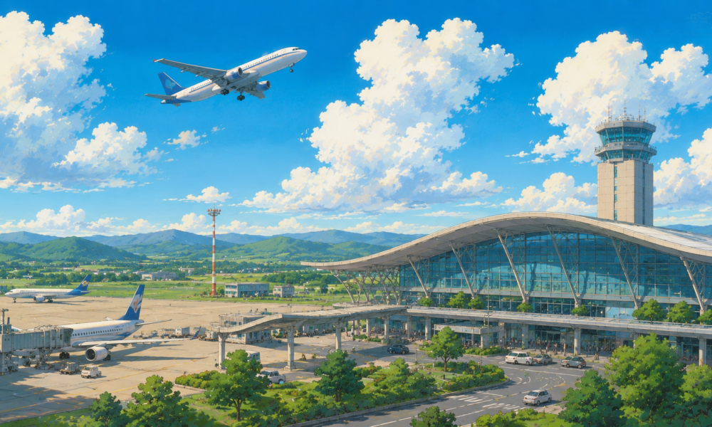 Studio Ghibli style illustration of a modern Indian regional airport with a contemporary terminal, passenger aircraft, control tower and surrounding transport infrastructure.