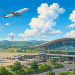 Studio Ghibli style illustration of a modern Indian regional airport with a contemporary terminal, passenger aircraft, control tower and surrounding transport infrastructure.