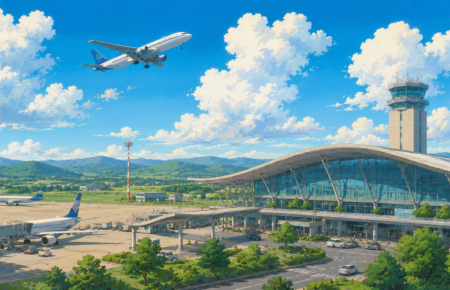 Studio Ghibli style illustration of a modern Indian regional airport with a contemporary terminal, passenger aircraft, control tower and surrounding transport infrastructure.