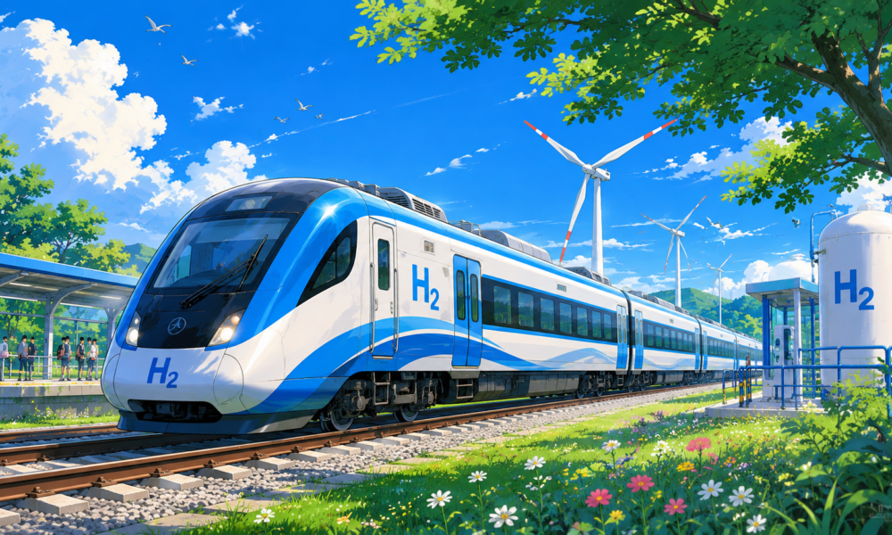 Studio Ghibli style illustration of a modern hydrogen powered passenger train travelling through the Indian countryside with clean energy infrastructure and lush green surroundings.