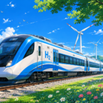 Studio Ghibli style illustration of a modern hydrogen powered passenger train travelling through the Indian countryside with clean energy infrastructure and lush green surroundings.