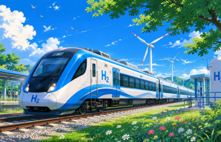 Studio Ghibli style illustration of a modern hydrogen powered passenger train travelling through the Indian countryside with clean energy infrastructure and lush green surroundings.