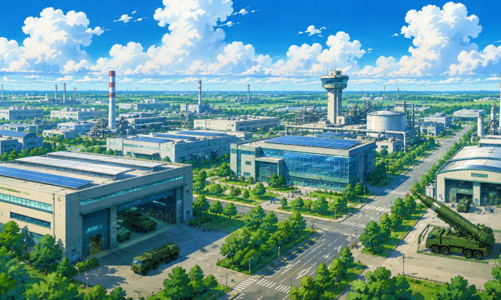 Studio Ghibli style illustration of a modern industrial manufacturing hub with advanced factories, logistics facilities, freight transport and green infrastructure representing the Uttar Pradesh Defence Industrial Corridor.