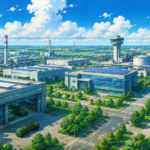 Studio Ghibli style illustration of a modern industrial manufacturing hub with advanced factories, logistics facilities, freight transport and green infrastructure representing the Uttar Pradesh Defence Industrial Corridor.