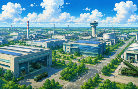 Studio Ghibli style illustration of a modern industrial manufacturing hub with advanced factories, logistics facilities, freight transport and green infrastructure representing the Uttar Pradesh Defence Industrial Corridor.