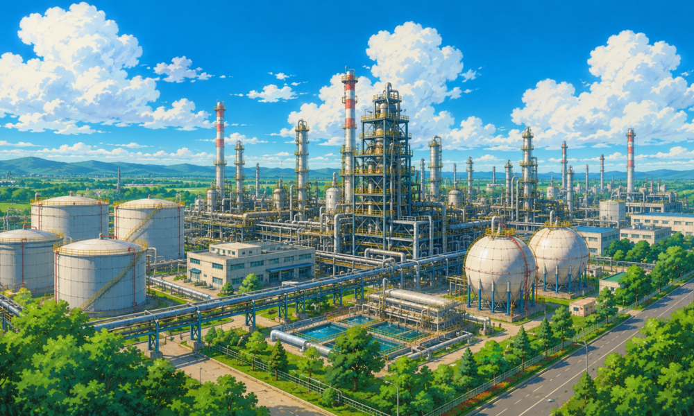 Studio Ghibli style illustration of a modern integrated refinery and petrochemical complex with storage tanks, pipelines, industrial facilities and clean energy infrastructure.
