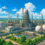 Studio Ghibli style illustration of a modern integrated refinery and petrochemical complex with storage tanks, pipelines, industrial facilities and clean energy infrastructure.