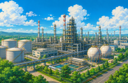 Studio Ghibli style illustration of a modern integrated refinery and petrochemical complex with storage tanks, pipelines, industrial facilities and clean energy infrastructure.