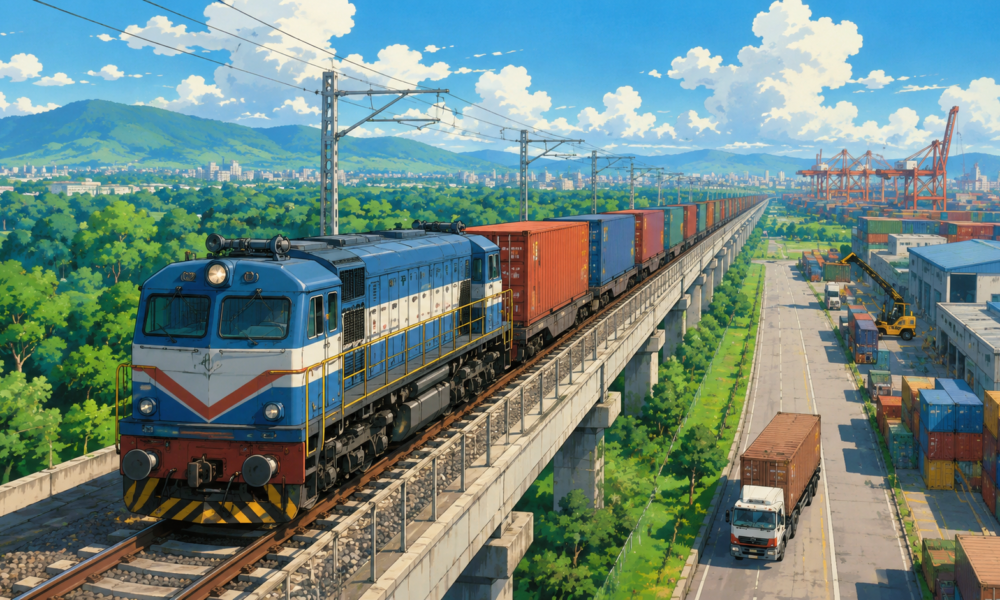 Freight train travelling on a modern dedicated rail corridor representing India's expanding logistics infrastructure.