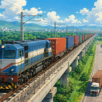 Freight train travelling on a modern dedicated rail corridor representing India's expanding logistics infrastructure.