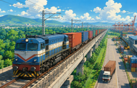 Freight train travelling on a modern dedicated rail corridor representing India's expanding logistics infrastructure.