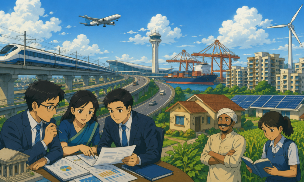 Illustration of Indian banking professionals reviewing financial documents alongside infrastructure projects including highways, railways, airports, ports, housing developments and renewable energy facilities, representing proposed Priority Sector Lending reforms in India.
