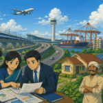 Illustration of Indian banking professionals reviewing financial documents alongside infrastructure projects including highways, railways, airports, ports, housing developments and renewable energy facilities, representing proposed Priority Sector Lending reforms in India.