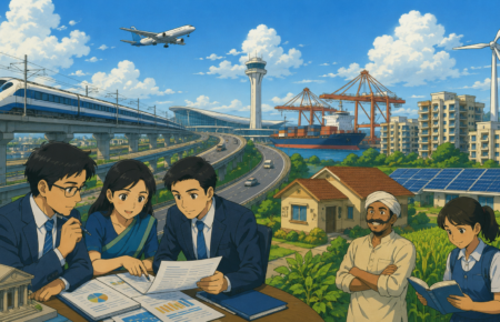 Illustration of Indian banking professionals reviewing financial documents alongside infrastructure projects including highways, railways, airports, ports, housing developments and renewable energy facilities, representing proposed Priority Sector Lending reforms in India.