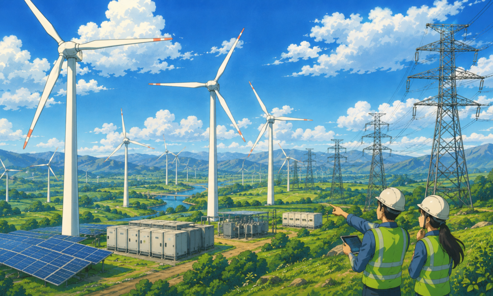 Studio Ghibli-style illustration of engineers overlooking a large wind farm with transmission towers, battery storage systems and renewable energy infrastructure representing India's expanding wind power network.