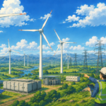 Studio Ghibli-style illustration of engineers overlooking a large wind farm with transmission towers, battery storage systems and renewable energy infrastructure representing India's expanding wind power network.