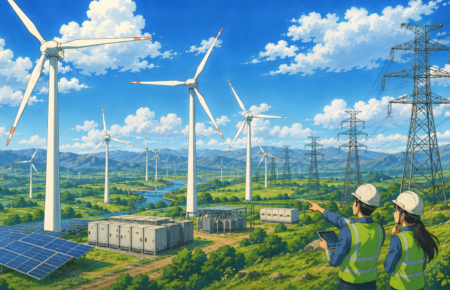 Studio Ghibli-style illustration of engineers overlooking a large wind farm with transmission towers, battery storage systems and renewable energy infrastructure representing India's expanding wind power network.