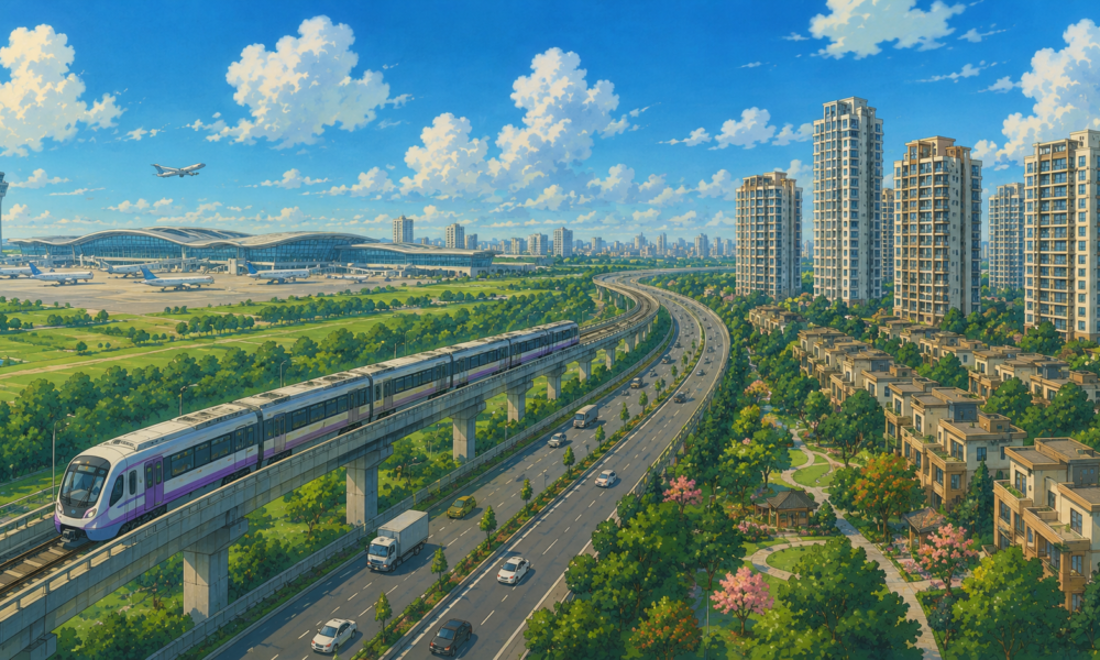 Studio Ghibli-style illustration of Jewar Airport connected to modern expressways, Metro rail and luxury residential developments, representing Faridabad's infrastructure-led real estate growth.