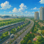 Studio Ghibli-style illustration of Jewar Airport connected to modern expressways, Metro rail and luxury residential developments, representing Faridabad's infrastructure-led real estate growth.