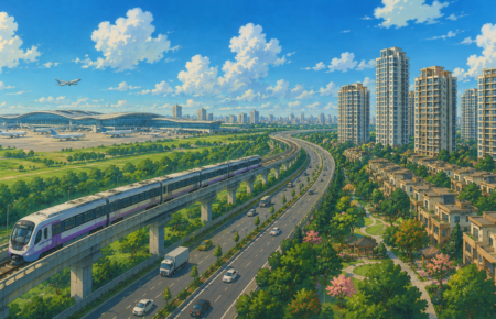 Studio Ghibli-style illustration of Jewar Airport connected to modern expressways, Metro rail and luxury residential developments, representing Faridabad's infrastructure-led real estate growth.
