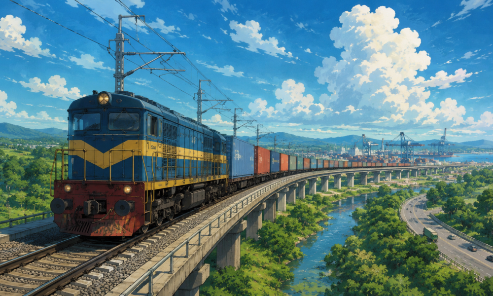 Studio Ghibli style illustration of a modern freight train travelling across an elevated railway bridge towards a busy container port, representing India's expanding logistics and freight infrastructure.