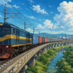 Studio Ghibli style illustration of a modern freight train travelling across an elevated railway bridge towards a busy container port, representing India's expanding logistics and freight infrastructure.