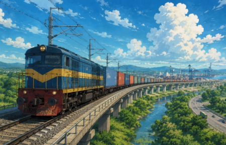 Studio Ghibli style illustration of a modern freight train travelling across an elevated railway bridge towards a busy container port, representing India's expanding logistics and freight infrastructure.