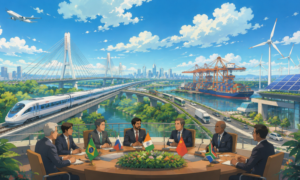 Studio Ghibli style illustration of BRICS leaders meeting with modern transport infrastructure including high speed rail, highways, ports and renewable energy representing sustainable global connectivity.