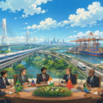 Studio Ghibli style illustration of BRICS leaders meeting with modern transport infrastructure including high speed rail, highways, ports and renewable energy representing sustainable global connectivity.