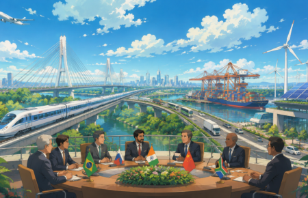 Studio Ghibli style illustration of BRICS leaders meeting with modern transport infrastructure including high speed rail, highways, ports and renewable energy representing sustainable global connectivity.