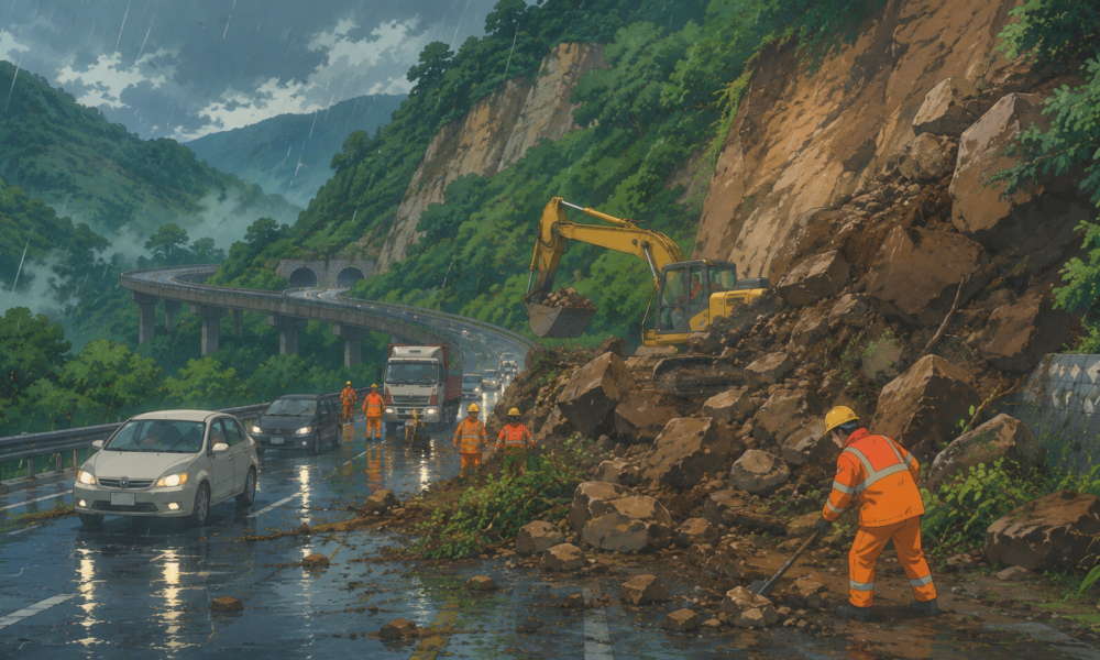 A rain-soaked expressway with emergency crews clearing landslide debris near a mountain tunnel, highlighting the impact of monsoon weather on transport infrastructure.