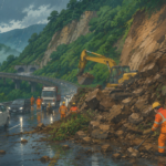 A rain-soaked expressway with emergency crews clearing landslide debris near a mountain tunnel, highlighting the impact of monsoon weather on transport infrastructure.