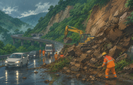 A rain-soaked expressway with emergency crews clearing landslide debris near a mountain tunnel, highlighting the impact of monsoon weather on transport infrastructure.