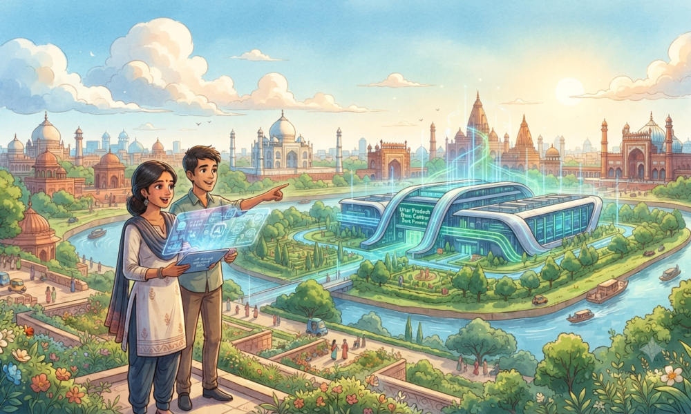 A Studio Ghibli-inspired illustration featuring a futuristic, glowing data center integrated into a lush, scenic Uttar Pradesh landscape, with a young Indian couple in the foreground looking at a holographic digital interface.