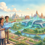 A Studio Ghibli-inspired illustration featuring a futuristic, glowing data center integrated into a lush, scenic Uttar Pradesh landscape, with a young Indian couple in the foreground looking at a holographic digital interface.