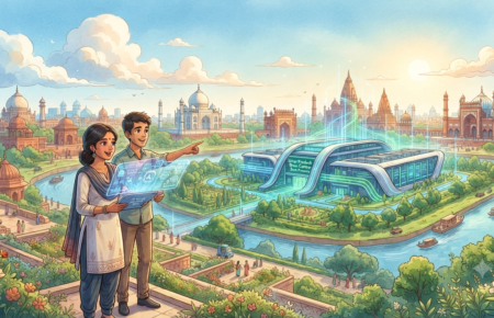 A Studio Ghibli-inspired illustration featuring a futuristic, glowing data center integrated into a lush, scenic Uttar Pradesh landscape, with a young Indian couple in the foreground looking at a holographic digital interface.