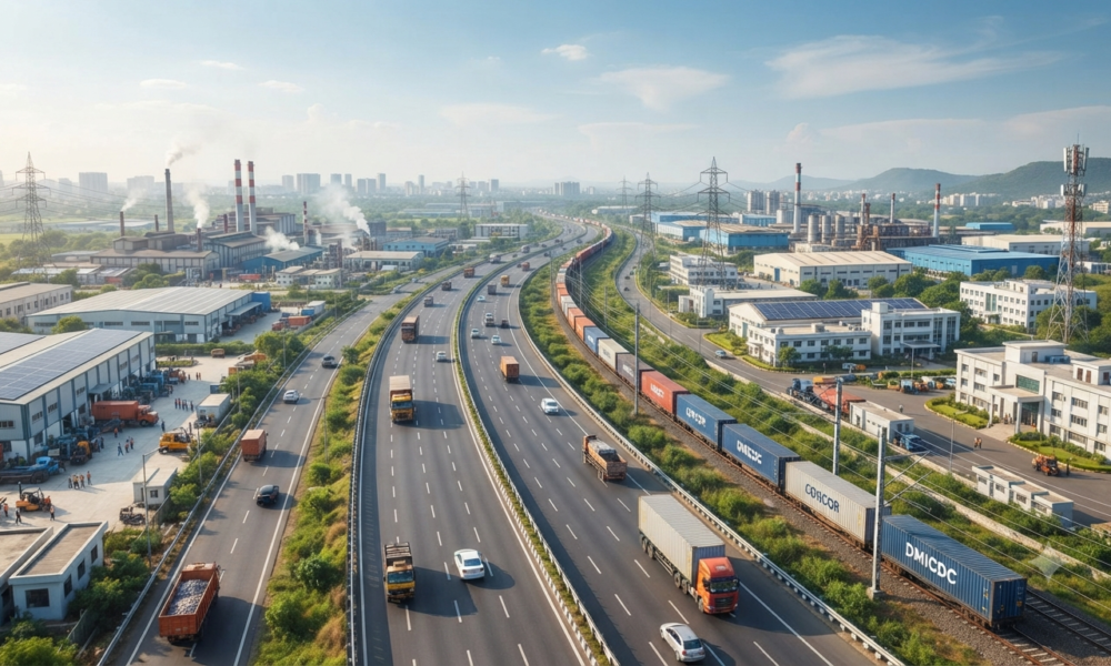 Modern industrial corridor featuring logistics parks, highways, freight trains and manufacturing facilities in India.