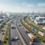 Modern industrial corridor featuring logistics parks, highways, freight trains and manufacturing facilities in India.