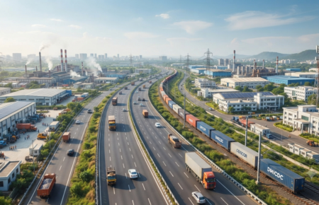 Modern industrial corridor featuring logistics parks, highways, freight trains and manufacturing facilities in India.