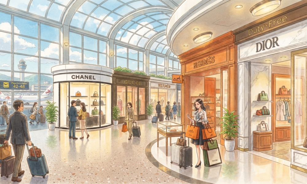 Studio Ghibli-style illustration of a modern airport terminal featuring luxury fashion boutiques, duty-free shopping, travellers with luggage, and a bright glass-roofed concourse.
