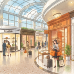 Studio Ghibli-style illustration of a modern airport terminal featuring luxury fashion boutiques, duty-free shopping, travellers with luggage, and a bright glass-roofed concourse.
