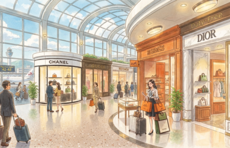 Studio Ghibli-style illustration of a modern airport terminal featuring luxury fashion boutiques, duty-free shopping, travellers with luggage, and a bright glass-roofed concourse.