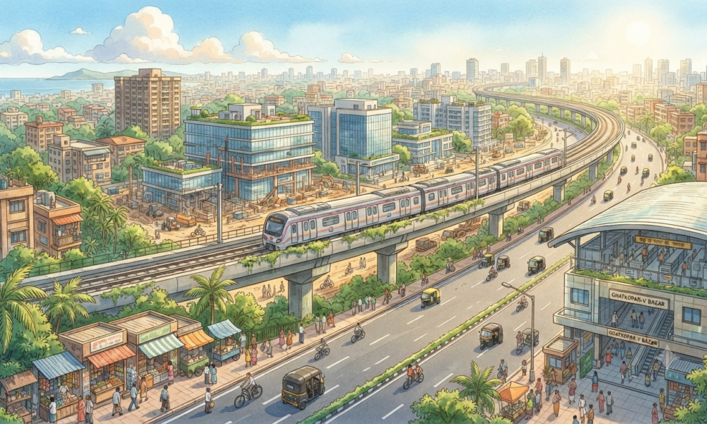 Modern highways, metro lines and commercial buildings representing Mumbai's emerging infrastructure growth corridors.