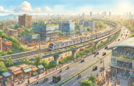 Modern highways, metro lines and commercial buildings representing Mumbai's emerging infrastructure growth corridors.