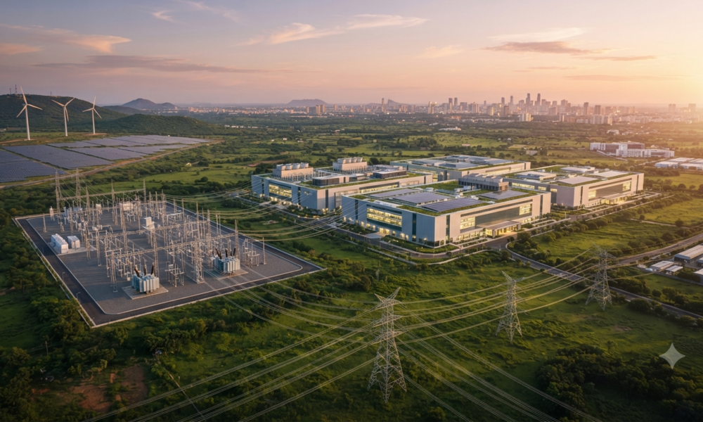 An aerial view of a large, modern data centre campus in India connected to a high-voltage power substation, with solar panels and wind turbines in the background near a distant city skyline at sunset.
