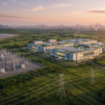 An aerial view of a large, modern data centre campus in India connected to a high-voltage power substation, with solar panels and wind turbines in the background near a distant city skyline at sunset.