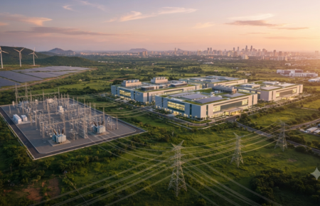 An aerial view of a large, modern data centre campus in India connected to a high-voltage power substation, with solar panels and wind turbines in the background near a distant city skyline at sunset.