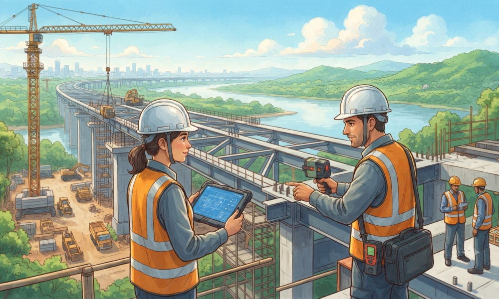A Studio Ghibli-inspired illustration of two professional engineers in safety gear conducting a quality audit on a large-scale bridge construction site in India, using a digital tablet and laser scanner.