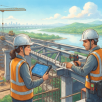 A Studio Ghibli-inspired illustration of two professional engineers in safety gear conducting a quality audit on a large-scale bridge construction site in India, using a digital tablet and laser scanner.