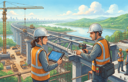 A Studio Ghibli-inspired illustration of two professional engineers in safety gear conducting a quality audit on a large-scale bridge construction site in India, using a digital tablet and laser scanner.